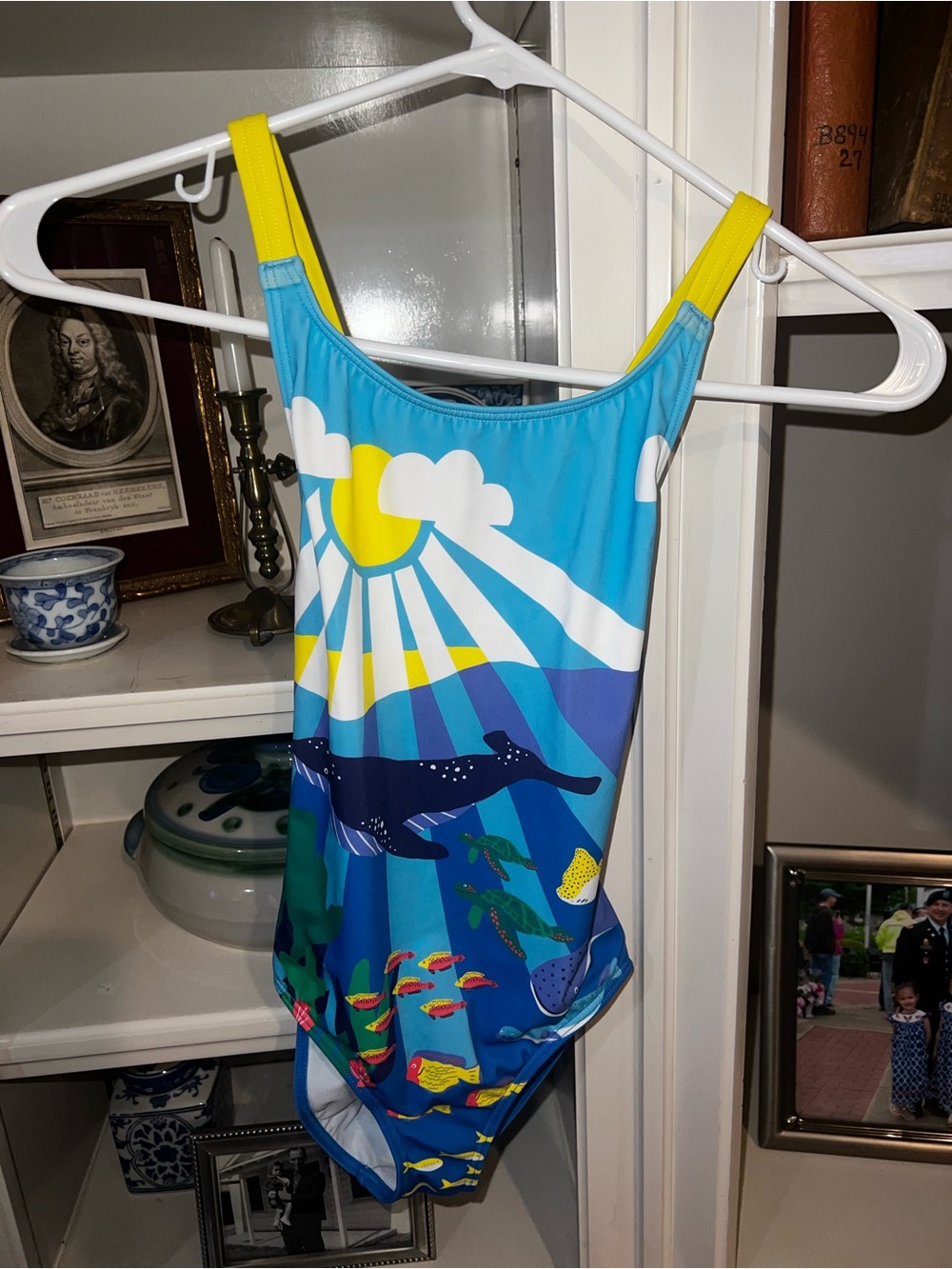Boden Blue Ocean Whale One-Piece Swimsuit with Yellow Straps